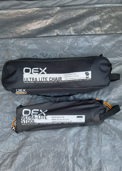 OEX Ultra Lite Camping Chair and Stool in compact carry sacks