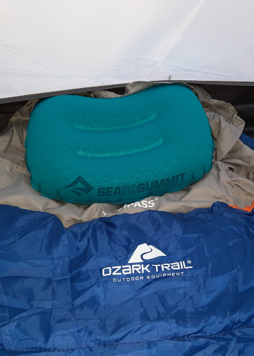 Aeros Pillow with Trespass Sleeping Bag Liner and Ozark Trail Sleeping Bag
