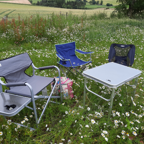 Trespass Portable Camping Table with Coleman Deck Chair and OEX Camp Chair