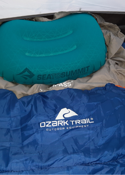 Ozark Trail sleeping bag with Trespass liner inside Ozark Trail 2 person tent
