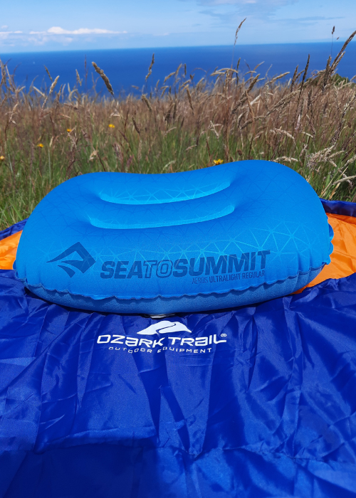 Ozark Trail Mummy sleeping bag on top of Trekology sleeping mat with Sea to Summit Aeros pillow