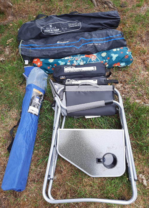 A selection of various types of camping chairs from foldable, to backpacking to directors chairs